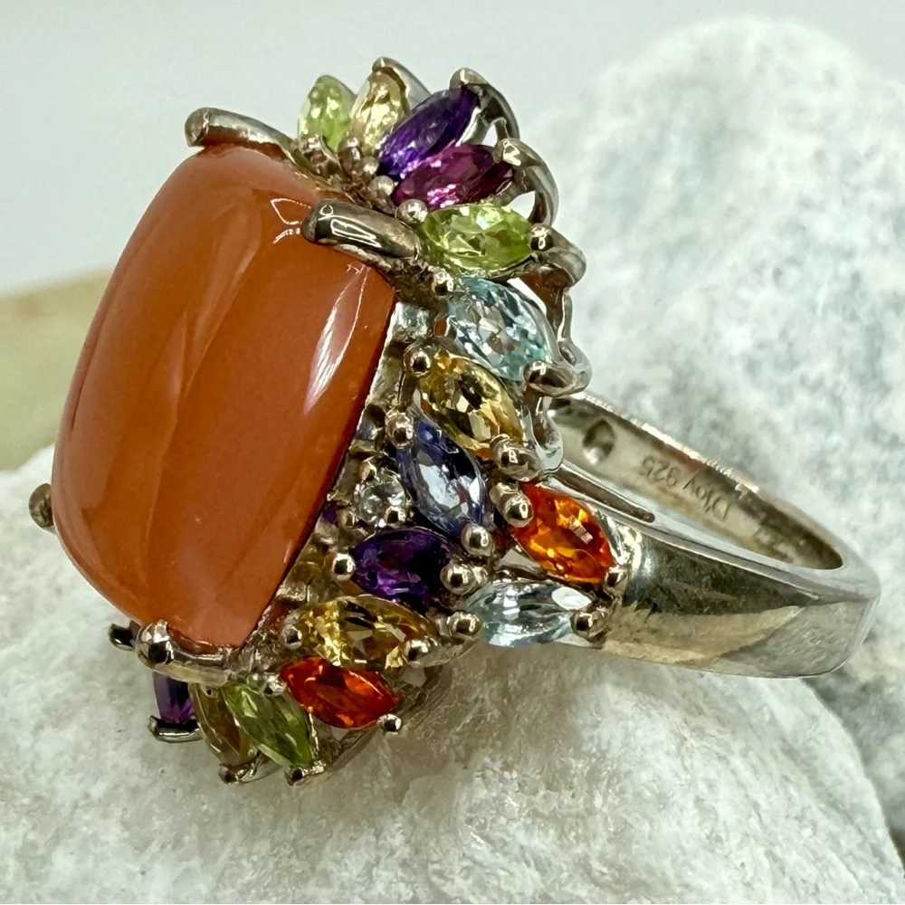 NWT Peach Moonstone & Multi-Gemstone Cocktail Ring 9.85 ctw Platinum Over 925 SS